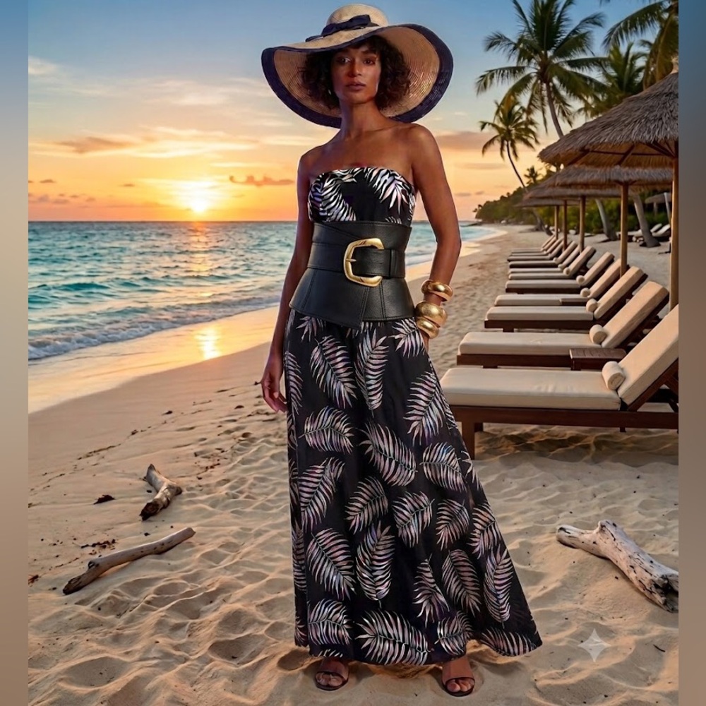 Veronica M Black and White Strapless Maxi Dress with Leaf Print